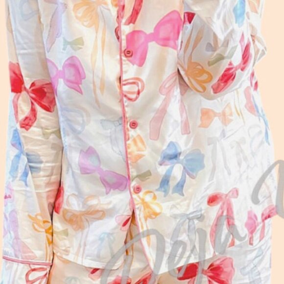 Soft Silky Oversized Pastel Bows Ribbona Wide Leg PJs 2 pc Set - Picture 3 of 10